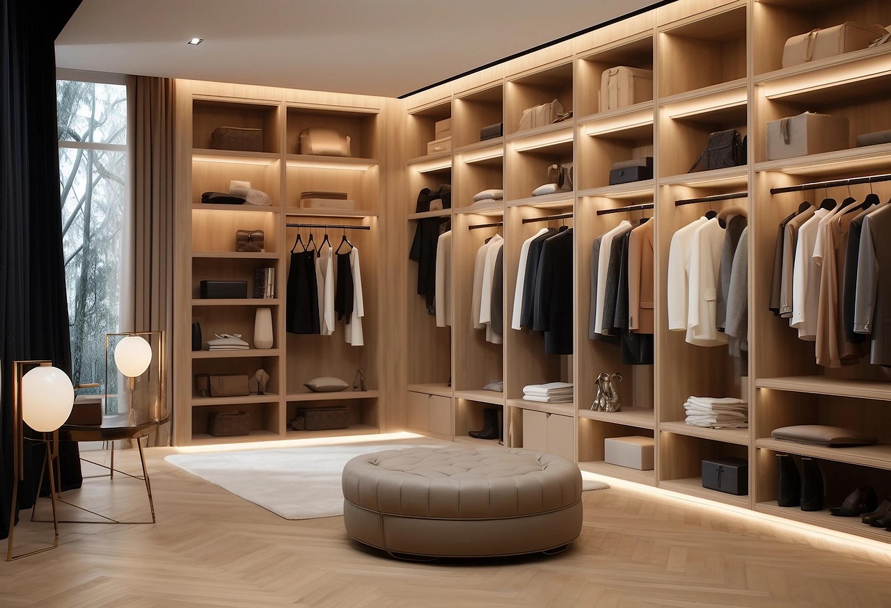 Fitted wooden wardrobe with open shelving and hanging space