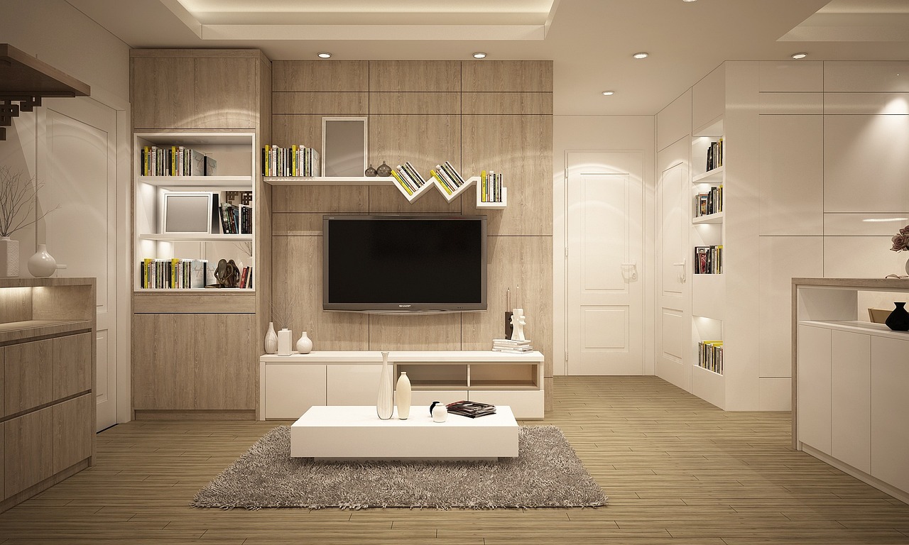 Custom wooden TV unit and wall shelving in a living room